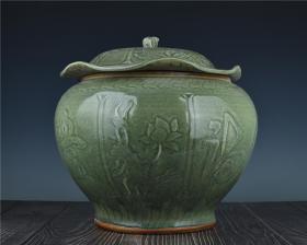 宋龙泉窑刻画铭文瓜果纹荷叶罐古董古玩古瓷器文玩艺术收藏老物件高35厘米宽40厘米