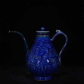 元洒蓝釉雕刻凤纹梨形壶     厘米21*23     900