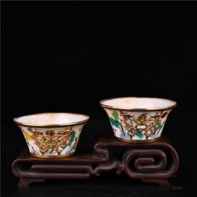 明成化斗彩鱼草纹马蹄对杯镶铜口底龙纹碗规格4.5*9.4cm