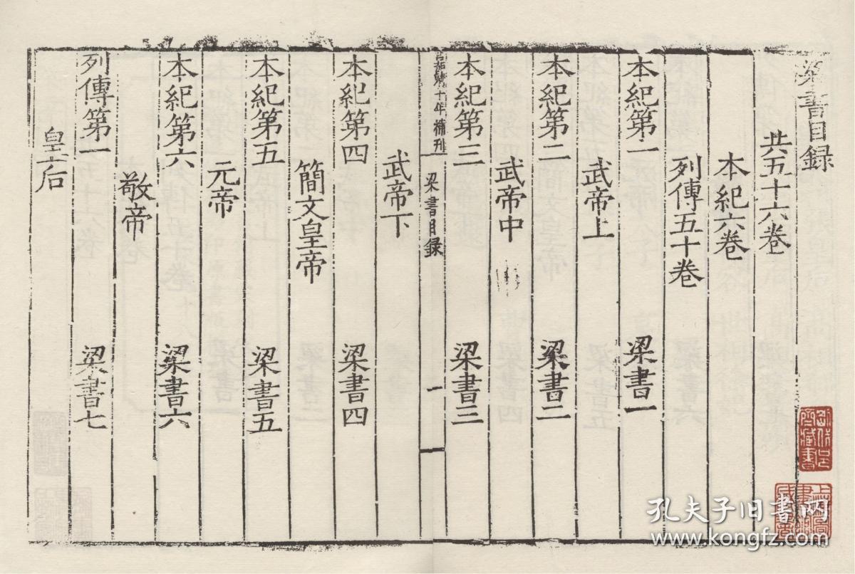 【提供资料信息服务】宋刻宋元明递修本：梁书，原书共10册，姚思廉撰，本店此处销售的为该版本的仿古道林纸、彩色高清、无线胶装。