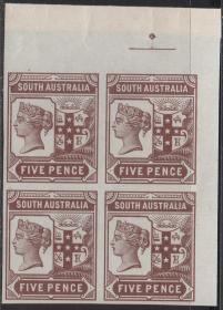 英属南澳大利亚邮票，维多利亚女王，太阳，5d棕色试色印样，4联