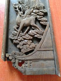 古典人物木雕板一块：天官(文曲星？)、神女、仙童、鹿、祥云双鹤、楼阁飞檐