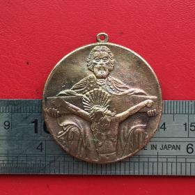 S405旧铜975年凯莫蒂爷苏受难情境1008-1988图案铜牌章挂件珍藏