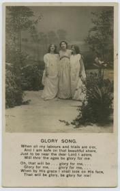 民国早期三西洋女子唱神圣教会圣歌，附全部英文音乐歌词。老照片明信片一张，13.6×8.5厘米。