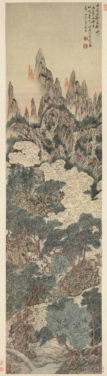 【提供资料信息服务】明万历四十二年绘仿真图轴：天都晓日图轴，丁云鹏绘，作者为友人仲鲁先生五十寿而绘，纵：130.06cm，横：37.6cm