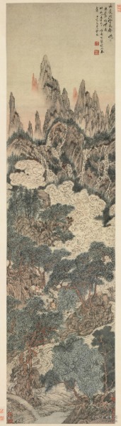 【提供资料信息服务】明万历四十二年绘仿真图轴：天都晓日图轴，丁云鹏绘，作者为友人仲鲁先生五十寿而绘，纵：130.06cm，横：37.6cm