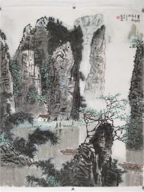 保真，赵增城，国画山水：翠竹青峰隐渔村2，辽宁美协会员，辽宁军人画家，沈阳*区后勤部局长，68*56