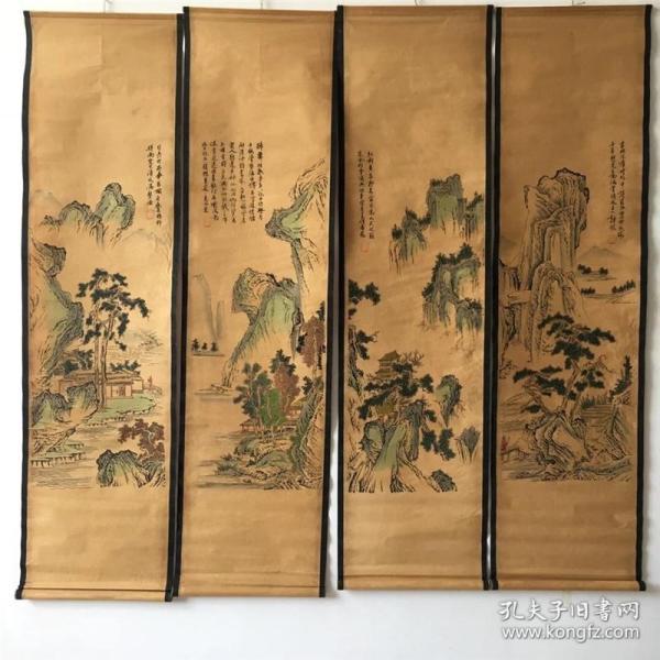 仿古做旧国画字画 十年山水图 已装裱家居办公室四条屏装饰画挂画