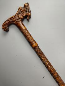 旧藏桃木拐杖  老桃木纯手工雕刻‘寿’字龙头拐杖