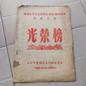 1964年芜湖市卫生先进单位集体和先进者代表大会光荣榜（16开）内附本次大会发给代表参加会议的通知单