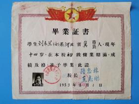 1959年天津市第五十六中学毕业证，50元1张，