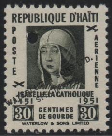 海地邮票，1951年伊莎贝拉女王500周年 帽子，华德路公司试色印样