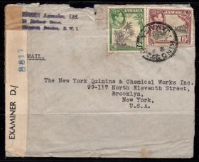 英属牙买加二战时期航空邮件邮寄至美国纽约，审查封条 、审查戳