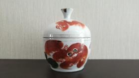 民国手绘红狮子糖缸茶叶罐。