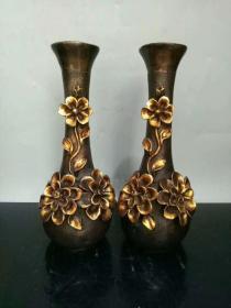 古玩铜器收藏家居装饰工艺品纯铜花瓶一对花开富贵铜花瓶摆件
