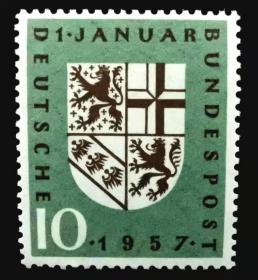 德国西德1957年邮票 萨尔州重新回归德国 1全新 原胶上品