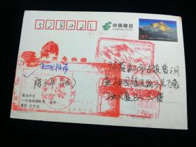 邮资明信片:改退件,80分珠穆朗玛峰,加盖珠穆朗玛峰布达拉宫的纪念戳,拉萨-广东,六戳清晰,背景图藏地时光雪山,加盖珠穆朗玛峰布达拉宫的纪念戳,戳都很浓,gyx221001