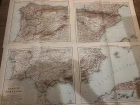 1906年 西班牙葡萄牙地图4张一套 每张49cm*40cm 超精美 详细精美