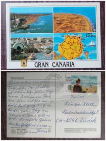 外国明信片，西班牙实寄原版，大加纳利风光，品如图。