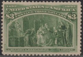 美国邮票，1893年哥伦布发现美洲，描述第三次航行绘画，印刷变体