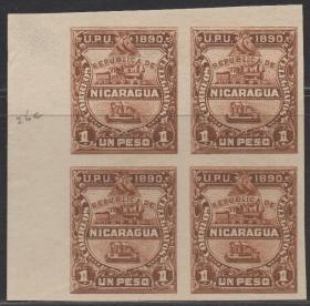 尼加拉瓜邮票，1890年火车机车头、老式电报机，罕见印样、方联