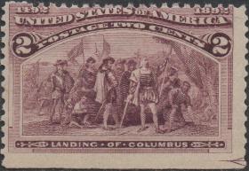美国邮票，1893年哥伦布登上美洲大陆，下部漏齿、印刷裁切线变体，此种变体极为罕见