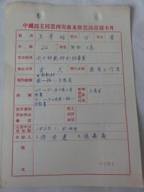 王季梅盟籍卡片（陕西大荔人  曾任西安市日照新村小学教师）