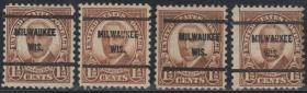 美国早期预销邮票，27任总统塔夫脱，密尔沃基邮戳，  一枚