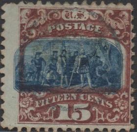 美国邮票，1869年哥伦布登陆美洲，探险发现新大陆，套色移位变体
