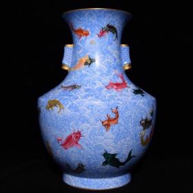 雍正蓝料粉彩海水鱼纹双耳尊，高44.5直径31.5