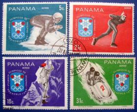 1968年第十届冬季奥林匹克运动会运动员比赛4枚--巴拿马邮票--早期外国邮票甩卖--实拍--包真，