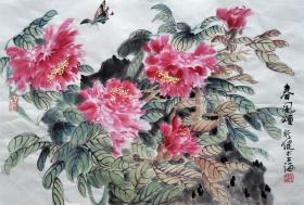 钱行健 (春风颂）花鸟横幅 手绘国画
