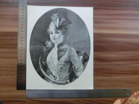 【现货 包邮】1890年小幅木刻版画《吹乐器的女孩》（zum rendezvous)尺寸如图所示（货号400956）