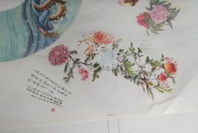 老扇面一张，内容包括哪吒闹海、锦绣前程、鸟语花香等。保真包老