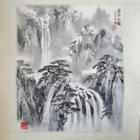 海派著名画家徐增，精裱镜片。飞泉松歆图。山水画原作。