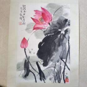 海派著名画家徐增，精裱镜片。红荷花上初过雨。山水画原作。