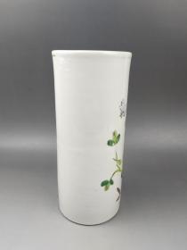 吴义盛作"枝上求友"粉彩花鸟帽筒单只