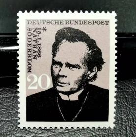 10A 西德1966邮票 诺贝尔和平奖 泽德尔布洛姆 1全新 原胶全品