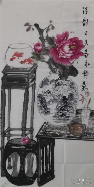 【保真字画，得自画家本人】许永静,137X68cm！1
          1975年出生于天津，写意花鸟画家。自幼酷爱书画，专攻写意花鸟、牡丹；其作品清新、淡雅，独具一格。现为香港美术家协会会员、天津市书画研究会理事、中国诗词研究会院士、国家一级美术师。近年来作品常在专业报刊媒体上发表，多次入选全国性展览。