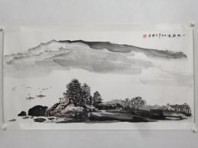 保真书画，山西名家，中国美协理事，王学辉山水画《一帆风顺》一幅，尺寸65.5×134.5cm，纸本镜心。王学辉，山西画院院长，山西省美协主席，中国美协理事，一级美术师，山西省政协委员。