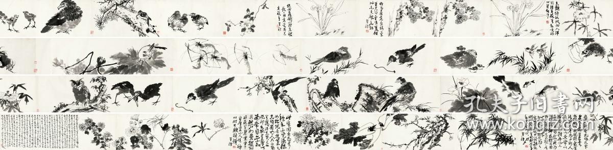 艺术微喷 李苦禅（1899-1983） 花鸟水族长卷60x244厘米