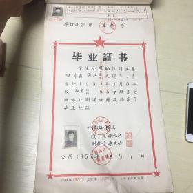 1957年 高中毕业 证书（带存根）