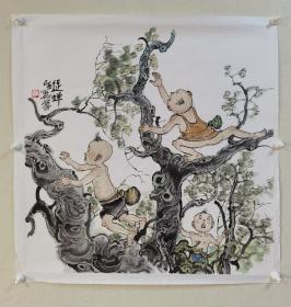 【保真】天津名家曹留夫先生国画斗方精品一幅《捉蝉》，带作者合影。（曹留夫先生，1947年生于天津，早年师从黄宾虹弟子段拭先生学习中国画，后毕业于天津工艺美院，1980年调入天津工艺美院从事国画的创作和教学工作。中国美术家协会会员，天津工艺美院教授，天津大学客座教授。）