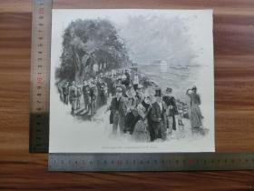 【现货 包邮】1890年小幅木刻版画《沿着海岸线》（auf der langen linie)尺寸如图所示（货号400997）