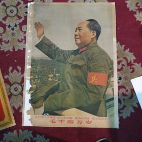 1967年毛泽东带袖章宣传画，毛主席万岁，对开，包老，复背了。