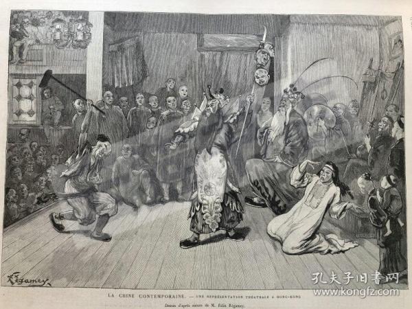 老广州/ 中法战争，1883年，法国画报《L'IILLUSTRATION》，关于中法战争、”当代中国“系列报道雕版画6幅：其中法军越北远征军山西战役等版画4幅，当代中国“系列报道之”香港的戏曲舞台“和”广东佛寺里的僧人们“等2幅，另有 塔希提岛女王大幅肖像摄影版画等，Z82