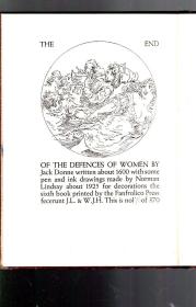 DEFENCE OF WOMEN.捍卫女性的不稳定性.名社Franfrolico初版。布面精装毛边本，大画家Norman Lindasay情色版画插图,个性独特.本册编号176册.极为珍稀