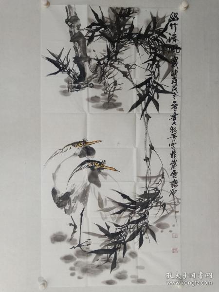 保真，山东国画院副院长牧青(李希勇)四尺整张花鸟画佳作《幽竹清风》一幅，尺寸137×69cm
          牧青（李希勇） 1959年4月生。著名画家。现为中国美术家协会会员、山东省美术家协会第六、第七界理事、山东省国画院副院长。