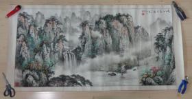 乙亥年 1995年 袁广宗山水画 原作 保真 峡江春意图 画面尺寸大约134.5厘米X66.5厘米 具体见描述 二手物品卖出不退不换