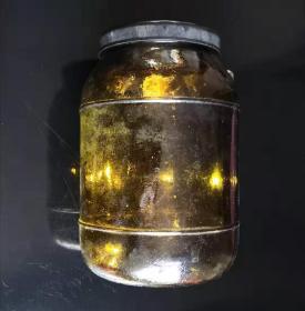 解放初期☆稀见深黄色老特种玻璃☆带盖广口大储物罐一枚